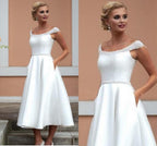 NumberSea Kurze Brautkleider Satin Knielang Mit Kristallperlen Brautkleider Mit Tasche Elegante Einfache Gewellte Flügelärmel 2021