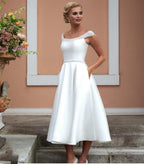 NumberSea Kurze Brautkleider Satin Knielang Mit Kristallperlen Brautkleider Mit Tasche Elegante Einfache Gewellte Flügelärmel 2021