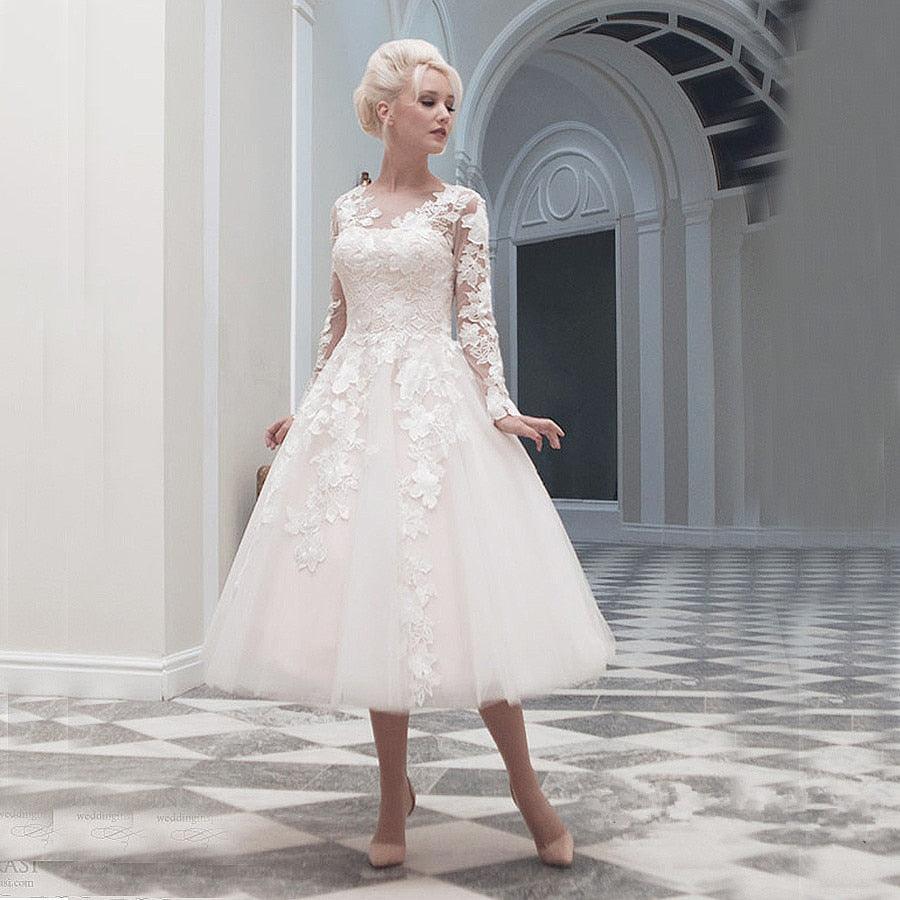 Vestido de novia NumberSea, vestido de fiesta, barco, apliques, manga larga, vestidos de novia nuevos, baratos, personalizados, vestidos de novia cortos