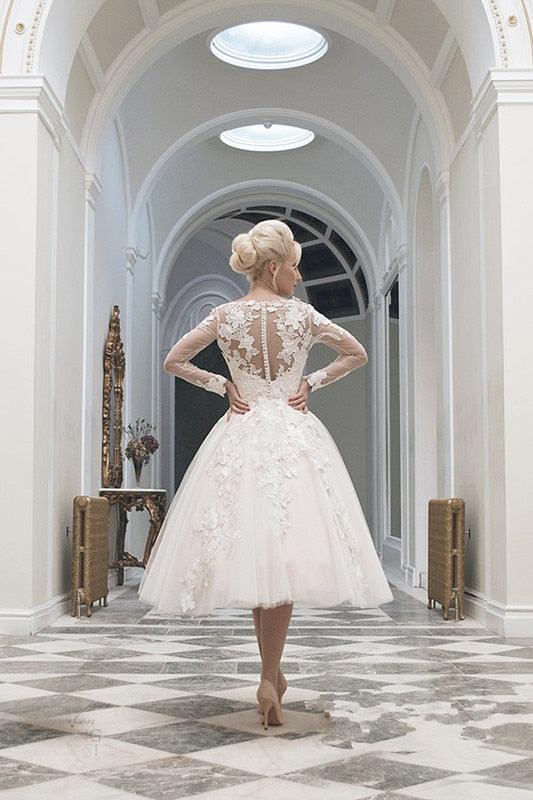 Vestido de novia NumberSea, vestido de fiesta, barco, apliques, manga larga, vestidos de novia nuevos, baratos, personalizados, vestidos de novia cortos