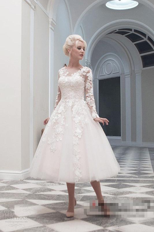Vestido de novia NumberSea, vestido de fiesta, barco, apliques, manga larga, vestidos de novia nuevos, baratos, personalizados, vestidos de novia cortos
