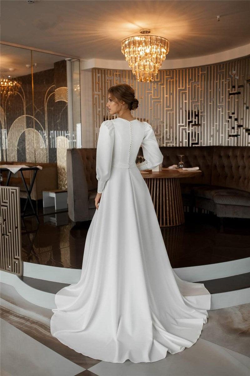 NumberSea Vestido De Noiva Einfache Weiche Satin Brautkleider Langarm Muslimischen Brautkleider Dubai Zurück Taste Plus Größe A-linie Braut Dres
