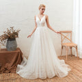 NumberSea - Vestido de novia sexy con escote en V, sin mangas, de encaje, espalda descubierta, corte en A, cola larga, económico