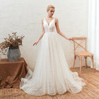 NumberSea - Vestido de novia sexy con escote en V, sin mangas, de encaje, espalda descubierta, corte en A, cola larga, económico
