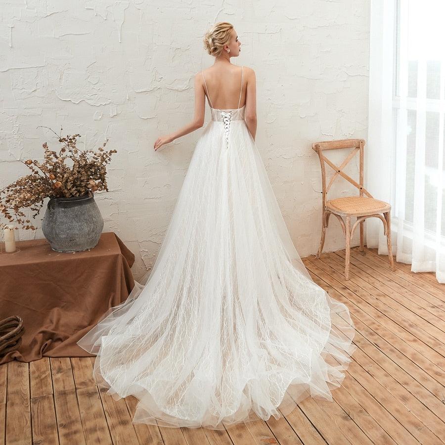 NumberSea - Vestido de novia sexy con escote en V, sin mangas, de encaje, espalda descubierta, corte en A, cola larga, económico