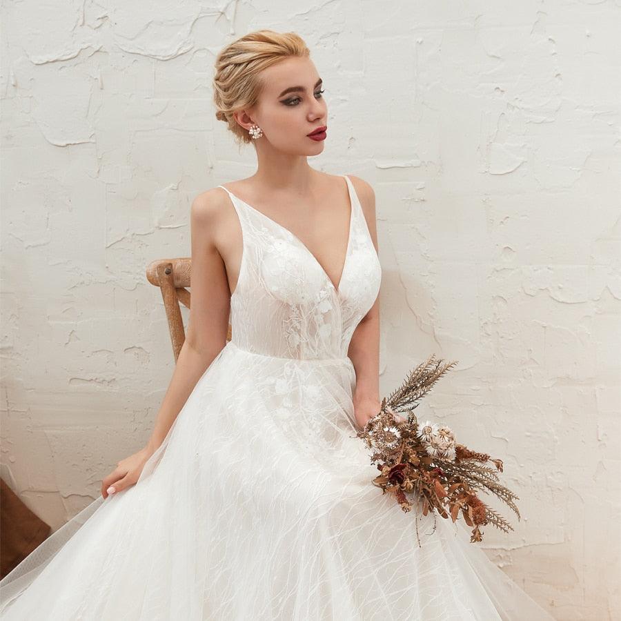 NumberSea - Vestido de novia sexy con escote en V, sin mangas, de encaje, espalda descubierta, corte en A, cola larga, económico