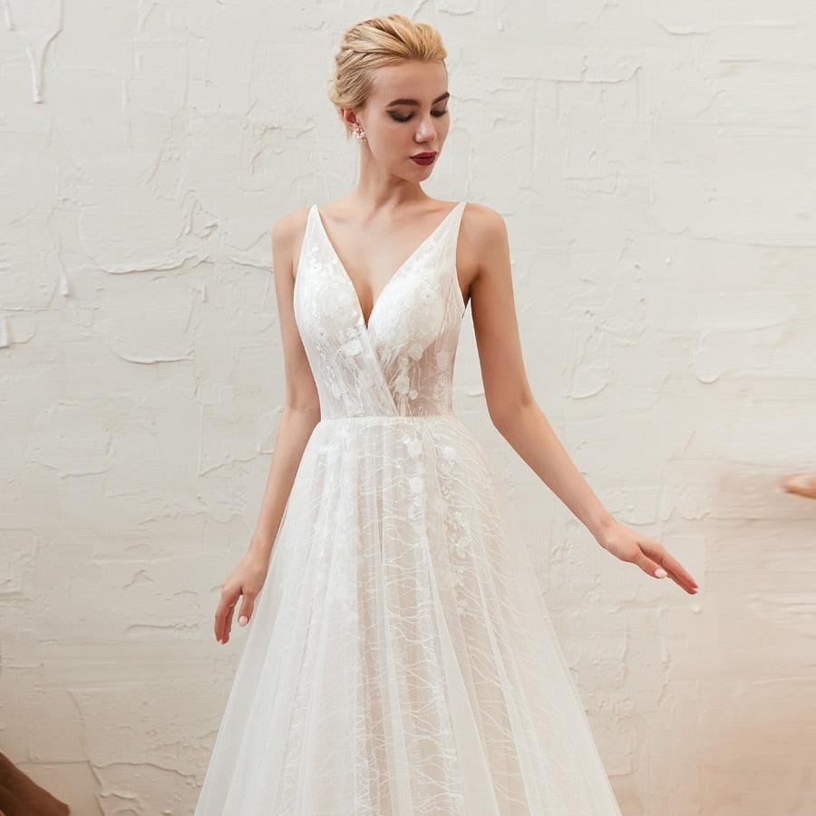 NumberSea - Vestido de novia sexy con escote en V, sin mangas, de encaje, espalda descubierta, corte en A, cola larga, económico