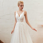 NumberSea - Vestido de novia sexy con escote en V, sin mangas, de encaje, espalda descubierta, corte en A, cola larga, económico