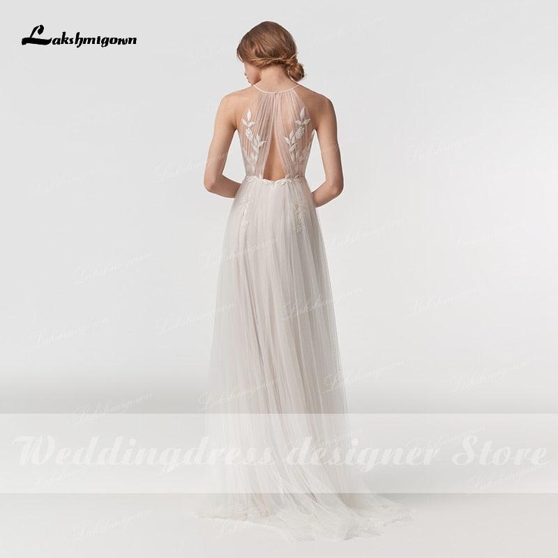 NumberSea Vintage Halter Neck Boho Beach Wedding Dresses vestido de novia Lace Bohemian A Line Soft Tulle Bridal Gown Without Sleeves