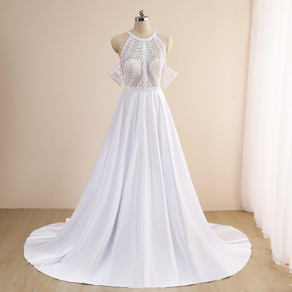 Vestidos de novia NumberSea sencillos de corte A, sexys, con ilusión, cuello redondo, hombros descubiertos, botones, aberturas, encaje, apliques, nuevos vestidos de novia largos 2021, personalizados