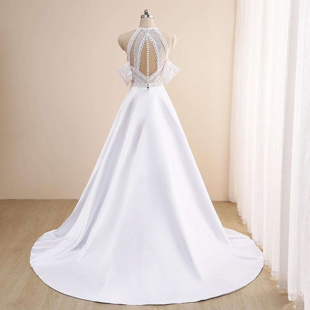 Vestidos de novia NumberSea sencillos de corte A, sexys, con ilusión, cuello redondo, hombros descubiertos, botones, aberturas, encaje, apliques, nuevos vestidos de novia largos 2021, personalizados