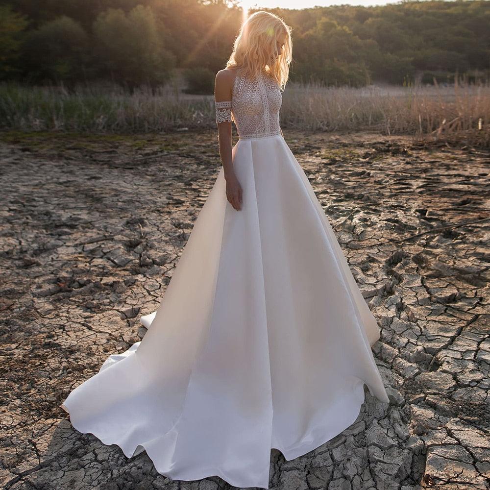 Vestidos de novia NumberSea sencillos de corte A, sexys, con ilusión, cuello redondo, hombros descubiertos, botones, aberturas, encaje, apliques, nuevos vestidos de novia largos 2021, personalizados
