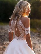 Vestidos de novia NumberSea sencillos de corte A, sexys, con ilusión, cuello redondo, hombros descubiertos, botones, aberturas, encaje, apliques, nuevos vestidos de novia largos 2021, personalizados