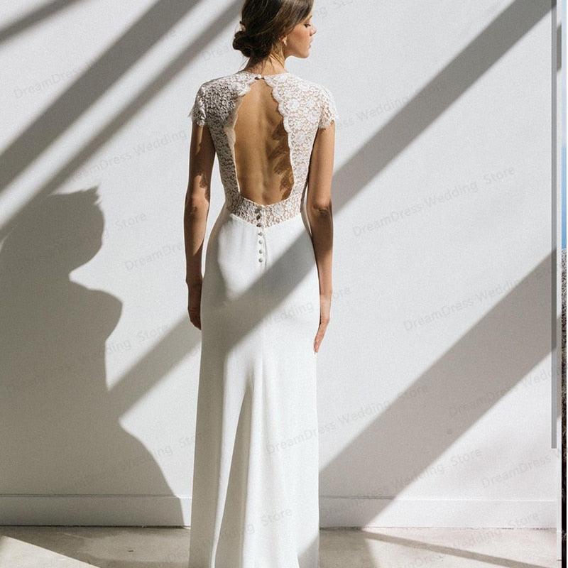 NumberSea Vintage Boho Wedding Dress Short Sleeve A-Line Backless Lace  Court Train Robe De Mariee Stunning Charming For Women Civil Cheap