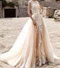 Vestidos de novia de sirena de dos piezas NumberSea 2021, sexys, color champán, con falda desmontable, románticos vestidos de novia con apliques de encaje marfil.