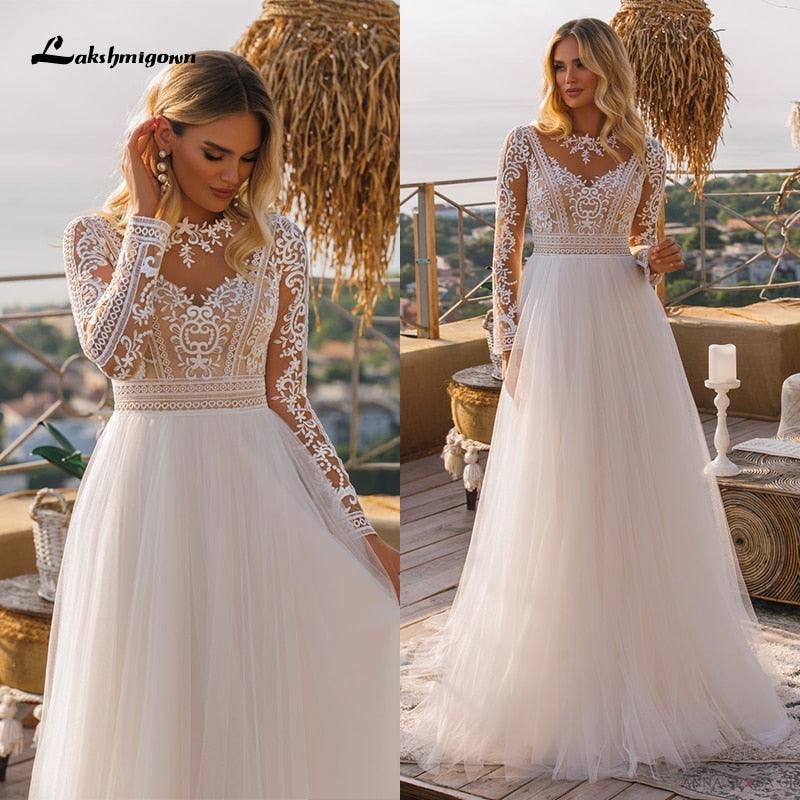 Vestidos de novia bohemios de manga larga vintage NumberSea 2024, vestido de novia de encaje con cuello alto, talla grande, línea A, para playa