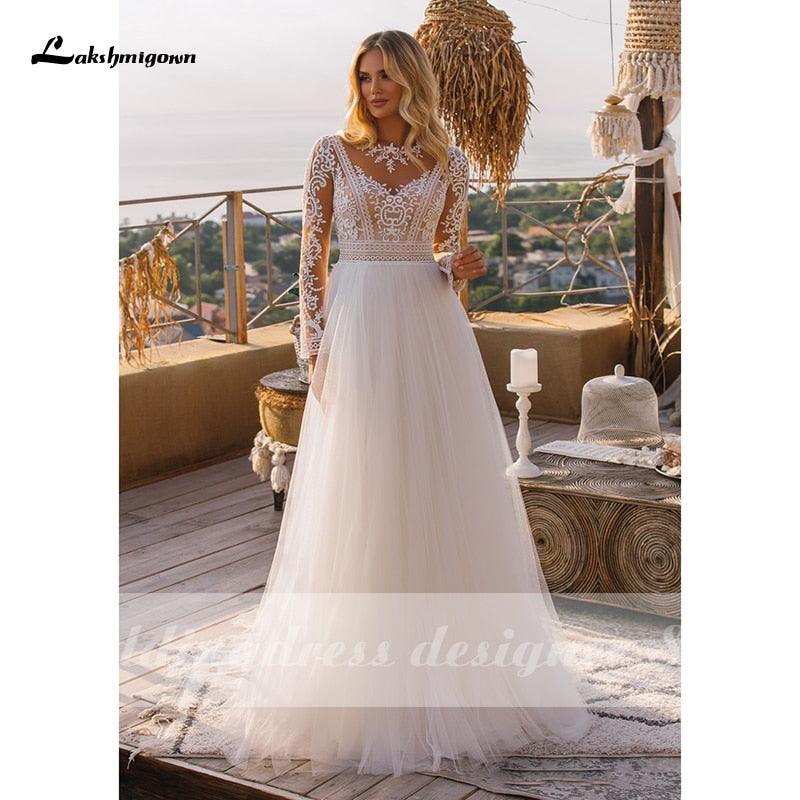 Vestidos de novia bohemios de manga larga vintage NumberSea 2024, vestido de novia de encaje con cuello alto, talla grande, línea A, para playa