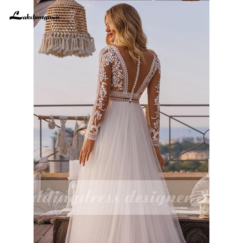 Vestidos de novia bohemios de manga larga vintage NumberSea 2024, vestido de novia de encaje con cuello alto, talla grande, línea A, para playa