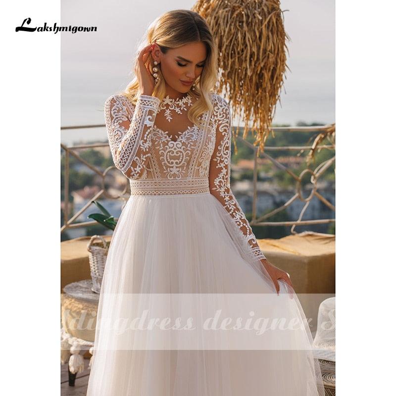 Vestidos de novia bohemios de manga larga vintage NumberSea 2024, vestido de novia de encaje con cuello alto, talla grande, línea A, para playa