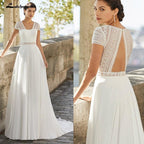 Vestido de novia de playa NumberSea de manga corta con escote de encaje y corte sencillo, estilo bohemio, de gasa, 2021