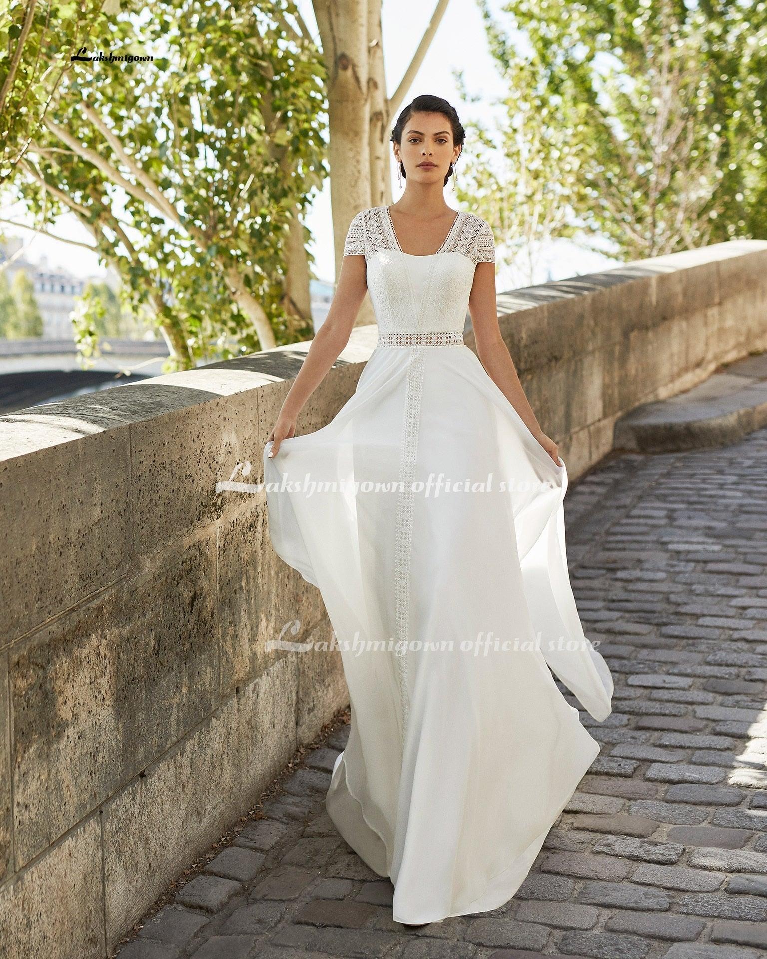 Vestido de novia de playa NumberSea de manga corta con escote de encaje y corte sencillo, estilo bohemio, de gasa, 2021