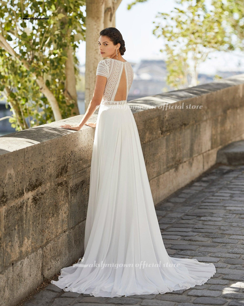 Vestido de novia de playa NumberSea de manga corta con escote de encaje y corte sencillo, estilo bohemio, de gasa, 2021