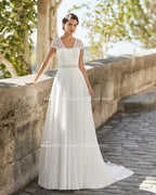 Vestido de novia de playa NumberSea de manga corta con escote de encaje y corte sencillo, estilo bohemio, de gasa, 2021