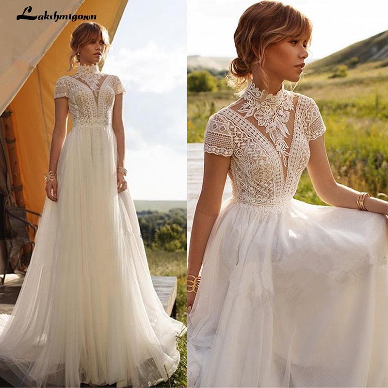 Vestido de novia bohemio vintage NumberSea con encaje de tul, cuello alto, mangas casquillo, corte A, bohemio, color marfil, elegante, 2021