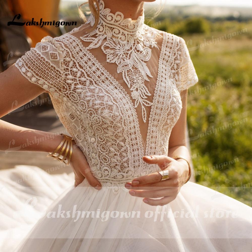 Vestido de novia bohemio vintage NumberSea con encaje de tul, cuello alto, mangas casquillo, corte A, bohemio, color marfil, elegante, 2021