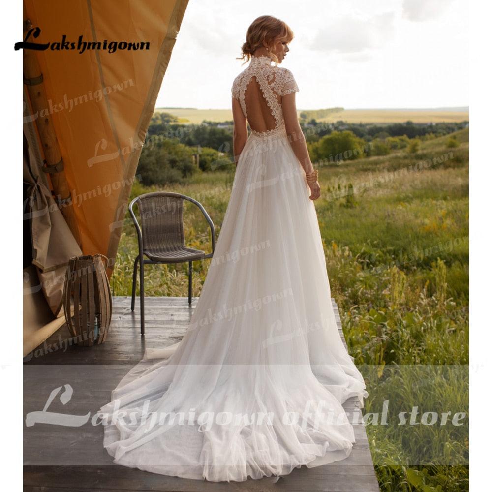 Vestido de novia bohemio vintage NumberSea con encaje de tul, cuello alto, mangas casquillo, corte A, bohemio, color marfil, elegante, 2021
