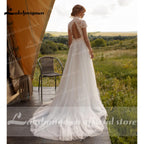Vestido de novia bohemio vintage NumberSea con encaje de tul, cuello alto, mangas casquillo, corte A, bohemio, color marfil, elegante, 2021