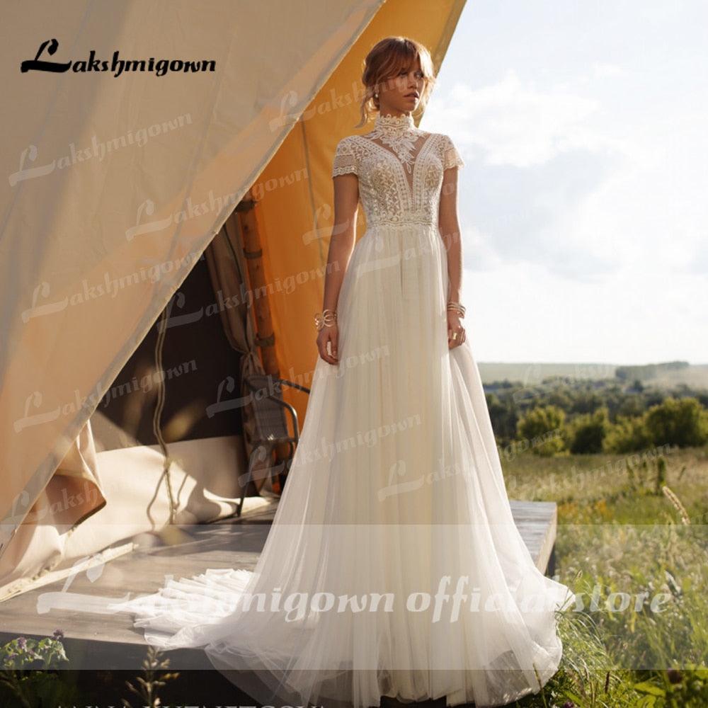 Vestido de novia bohemio vintage NumberSea con encaje de tul, cuello alto, mangas casquillo, corte A, bohemio, color marfil, elegante, 2021