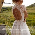 Vestido de novia bohemio vintage NumberSea con encaje de tul, cuello alto, mangas casquillo, corte A, bohemio, color marfil, elegante, 2021