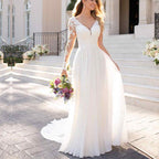 NumberSea V-Ausschnitt Lange Brautkleider mit Ärmeln Offener Rücken Weiß Spitzenapplikationen Brautkleid Für Hochzeitsfeier Vestidos De Novia A-Linie
