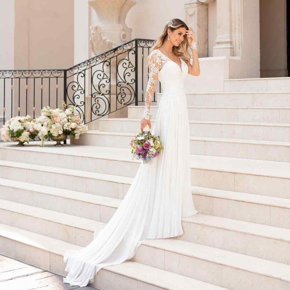 NumberSea V-Ausschnitt Lange Brautkleider mit Ärmeln Offener Rücken Weiß Spitzenapplikationen Brautkleid Für Hochzeitsfeier Vestidos De Novia A-Linie