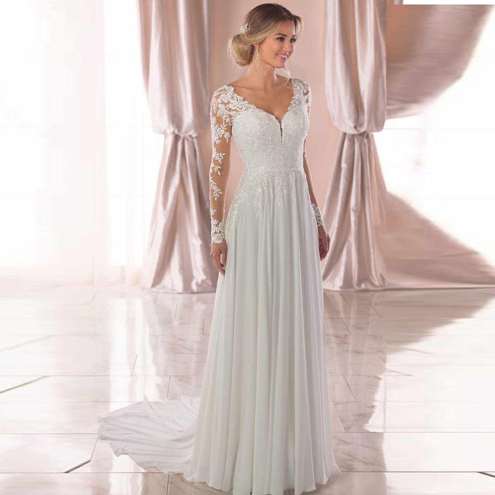 NumberSea V-Ausschnitt Lange Brautkleider mit Ärmeln Offener Rücken Weiß Spitzenapplikationen Brautkleid Für Hochzeitsfeier Vestidos De Novia A-Linie