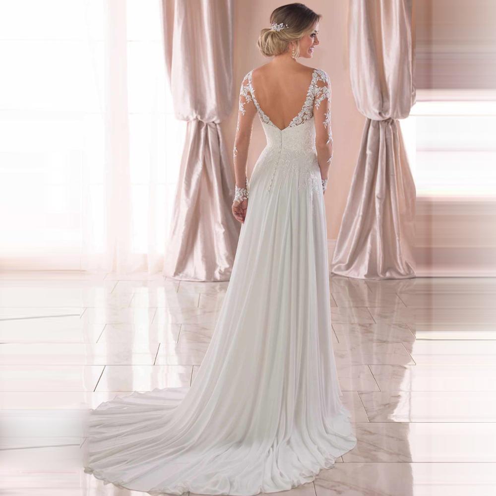 NumberSea V-Ausschnitt Lange Brautkleider mit Ärmeln Offener Rücken Weiß Spitzenapplikationen Brautkleid Für Hochzeitsfeier Vestidos De Novia A-Linie