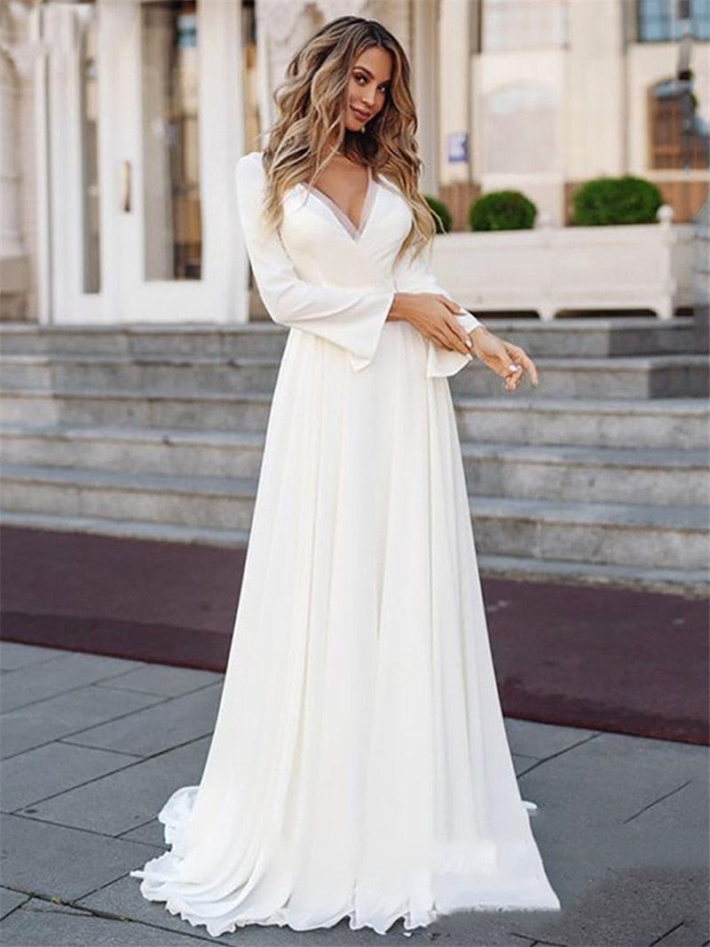 Vestido de novia sencillo NumberSea de manga larga 2021, estilo bohemio, con escote en V, con fajas, largo, estilo vintage bohemio, con apliques en la espalda.