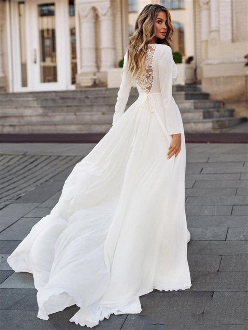 Vestido de novia sencillo NumberSea de manga larga 2021, estilo bohemio, con escote en V, con fajas, largo, estilo vintage bohemio, con apliques en la espalda.
