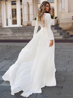Vestido de novia sencillo NumberSea de manga larga 2021, estilo bohemio, con escote en V, con fajas, largo, estilo vintage bohemio, con apliques en la espalda.