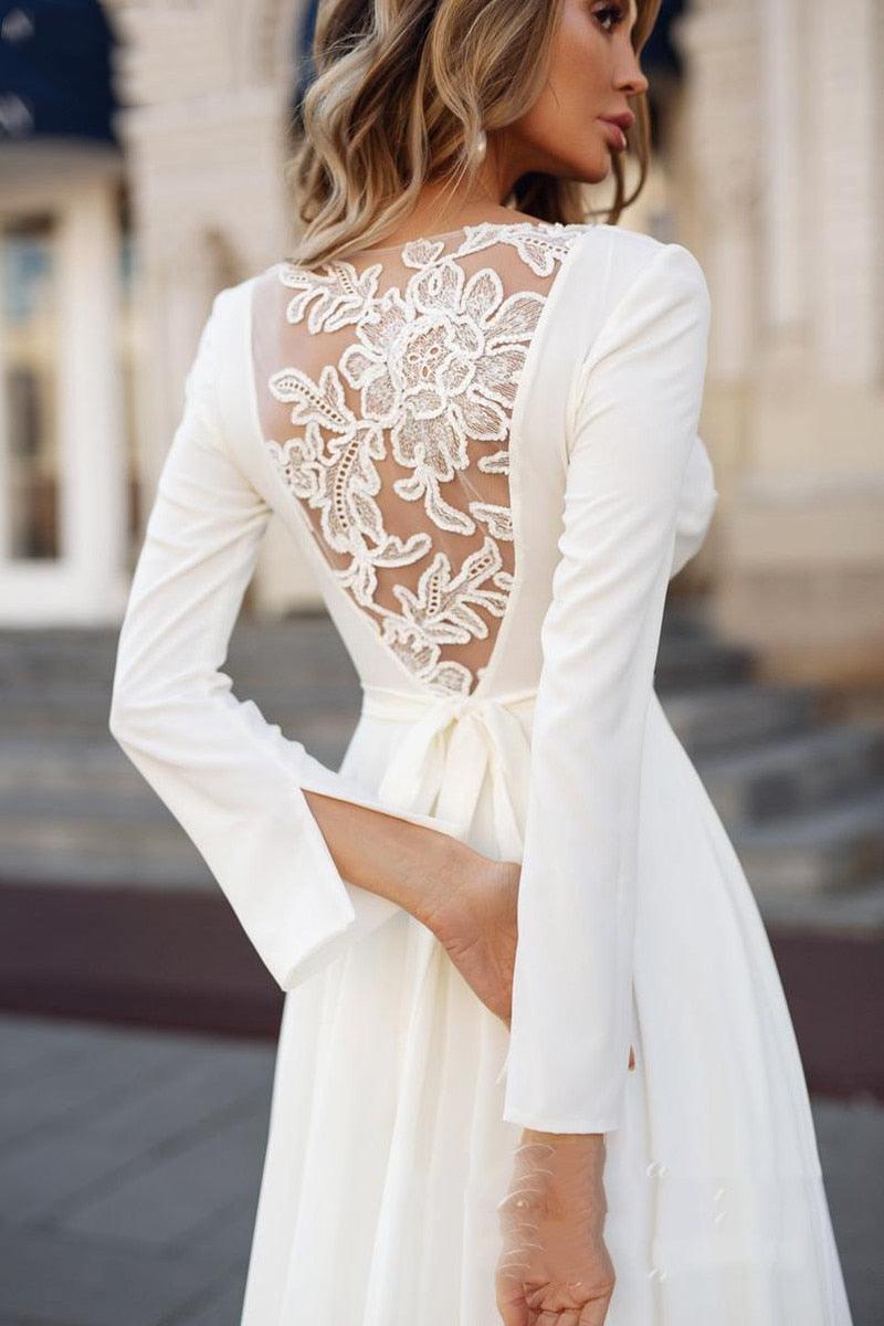 Vestido de novia sencillo NumberSea de manga larga 2021, estilo bohemio, con escote en V, con fajas, largo, estilo vintage bohemio, con apliques en la espalda.
