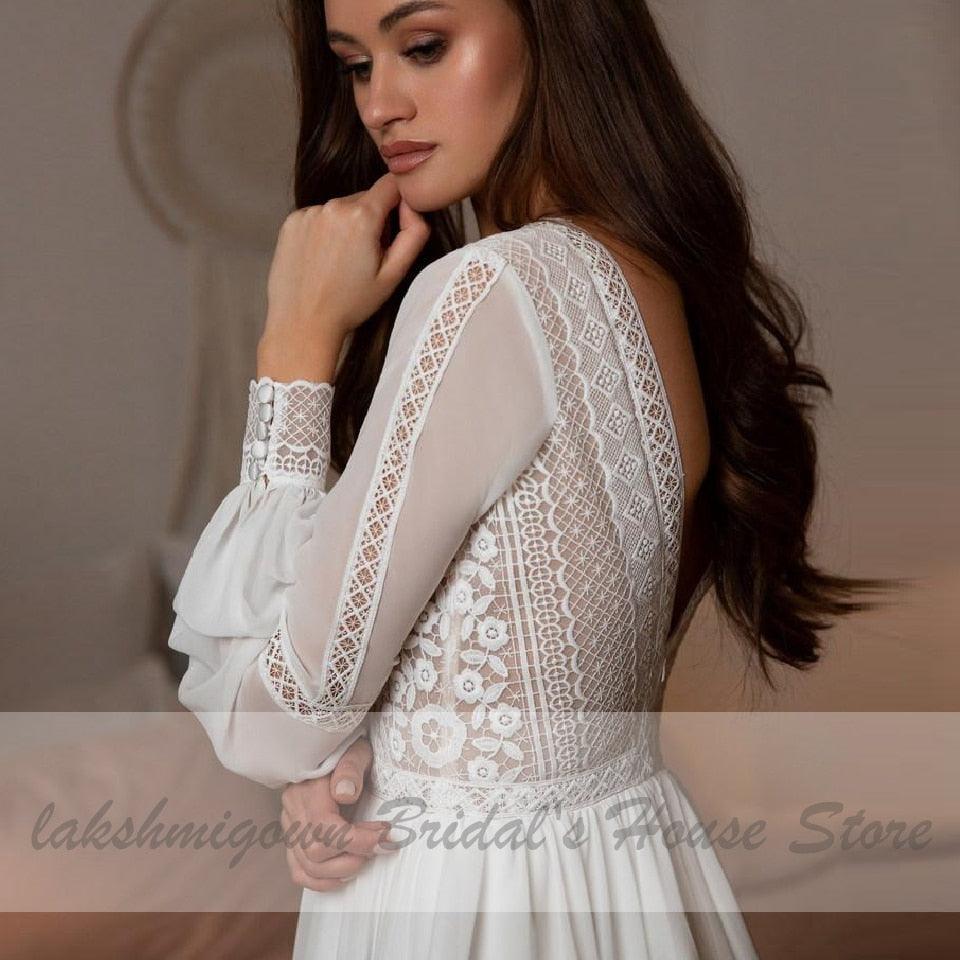 Vestidos de novia bohemios de NumberSea, vestidos de novia de manga larga, corte A, sencillos, de playa, de gasa, largos, con escote en V profundo