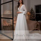 Vestidos de novia bohemios de NumberSea, vestidos de novia de manga larga, corte A, sencillos, de playa, de gasa, largos, con escote en V profundo