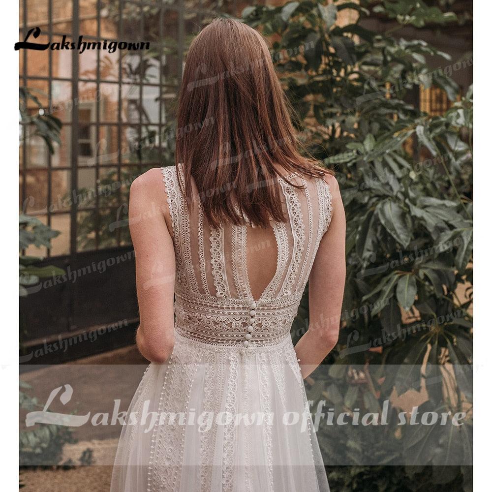 NumberSea Vestido De Noiva Elegante Playa Boho O Cuello De Encaje Sin Mangas Vestidos De Novia Sexy Vestido De Novia Bohemio vestido para boda playa