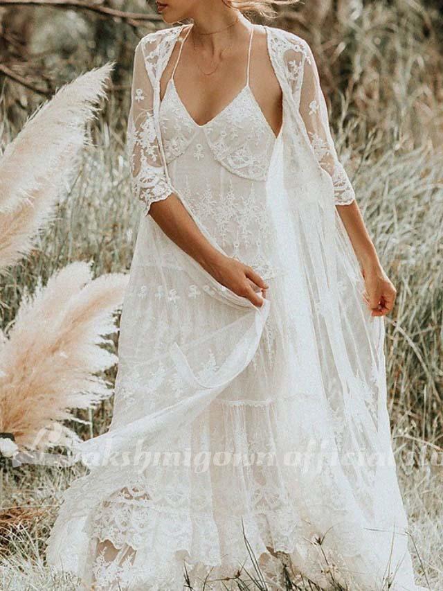 Vestido de novia NumberSea de dos piezas, corte A, tirantes finos, cola larga, encaje, sin mangas, estilo bohemio con bordados