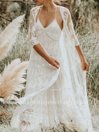 Vestido de novia NumberSea de dos piezas, corte A, tirantes finos, cola larga, encaje, sin mangas, estilo bohemio con bordados