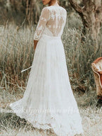 Vestido de novia NumberSea de dos piezas, corte A, tirantes finos, cola larga, encaje, sin mangas, estilo bohemio con bordados