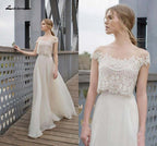 NumberSea Vestidos de novia bohemios de dos piezas con apliques de encaje, escote ilusión, gasa, corte A, románticos, bohemios, para verano