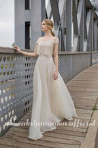 NumberSea Vestidos de novia bohemios de dos piezas con apliques de encaje, escote ilusión, gasa, corte A, románticos, bohemios, para verano