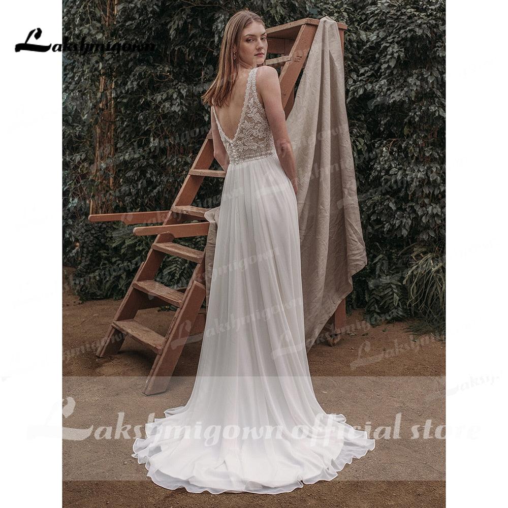 NumberSea robe soirée mariage Boho Manga con cuello en V profundo Gasa de encaje sexy Vestidos de novia con abertura alta Vestido de novia sin espalda 2021